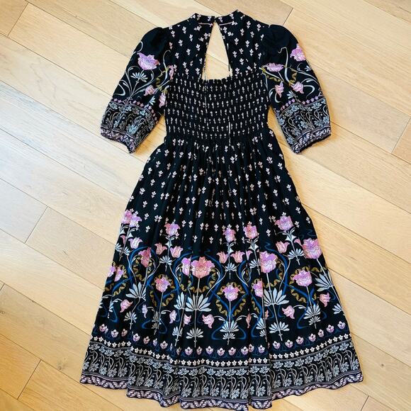 Anthropologie Dresses & Skirts - Anthropologie Dasha Smocked Midi Dress Black Floral Motif Boho Sz XS